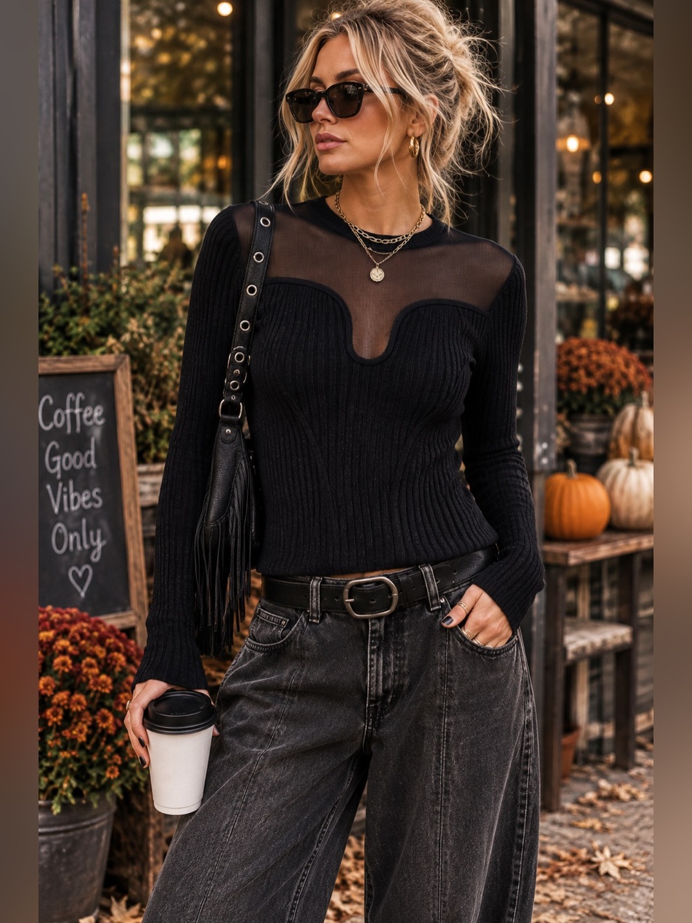 Black Mesh-Accent Ribbed Long Sleeve Top - 664